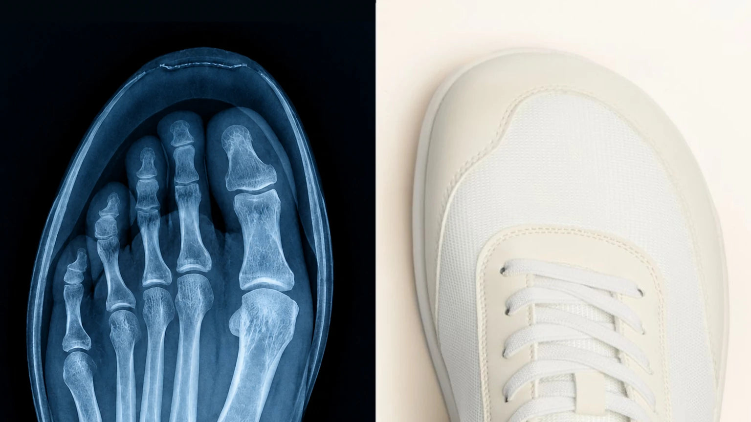 Illustrative view of toes inside a tapered shoe beside the Footle front shape